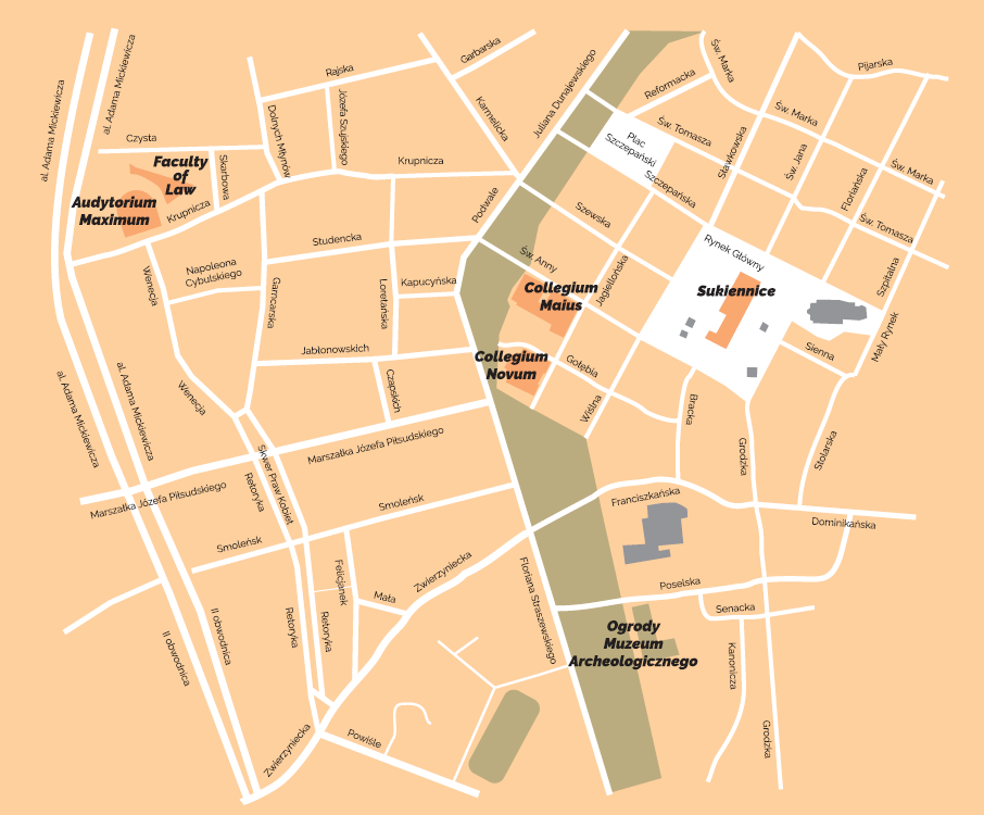 Map of Kraków with conference venues marked. 